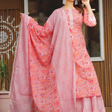 Pink Cotton Floral Printed Kurta And Palazzo Set