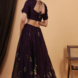Dark Wine Hand Painted Floral Chanderi Lehenga Set