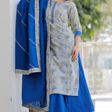Grey And Blue Floral Printed Cotton Palazzo And Kurta Set