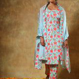 Sky Blue Floral Printed Cotton Salwar Set With Organza Dupatta