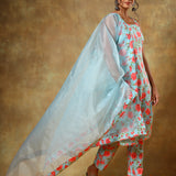 Sky Blue Floral Printed Cotton Salwar Set With Organza Dupatta