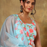 Sky Blue Floral Printed Cotton Salwar Set With Organza Dupatta