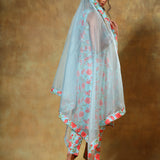 Sky Blue Floral Printed Cotton Salwar Set With Organza Dupatta
