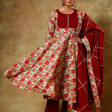 Maroon Anarkali Set With Red Floral Printed Yoke And Dupatta