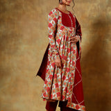 Maroon Anarkali Set With Red Floral Printed Yoke And Dupatta