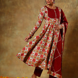 Maroon Anarkali Set With Red Floral Printed Yoke And Dupatta