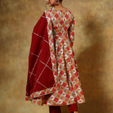 Maroon Anarkali Set With Red Floral Printed Yoke And Dupatta