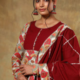 Maroon Anarkali Set With Red Floral Printed Yoke And Dupatta
