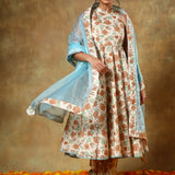Ivory Floral Printed Anarkali Set With Sky Blue Organza Dupatta