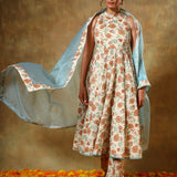 Ivory Floral Printed Anarkali Set With Sky Blue Organza Dupatta