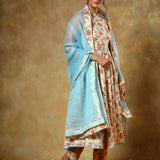 Ivory Floral Printed Anarkali Set With Sky Blue Organza Dupatta