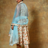 Ivory Floral Printed Anarkali Set With Sky Blue Organza Dupatta