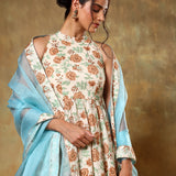 Ivory Floral Printed Anarkali Set With Sky Blue Organza Dupatta