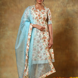 Ivory Floral Printed Cotton Salwar Set With Sky Blue Dupatta