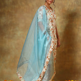Ivory Floral Printed Cotton Salwar Set With Sky Blue Dupatta