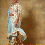 Ivory Floral Printed Cotton Salwar Set With Sky Blue Dupatta