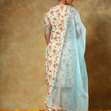 Ivory Floral Printed Cotton Salwar Set With Sky Blue Dupatta