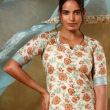 Ivory Floral Printed Cotton Salwar Set With Sky Blue Dupatta