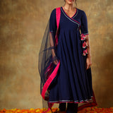 Navy Blue Wrap Anarkali Set With Pink Bordered Net Dupatta
