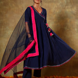 Navy Blue Wrap Anarkali Set With Pink Bordered Net Dupatta