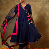 Navy Blue Wrap Anarkali Set With Pink Bordered Net Dupatta