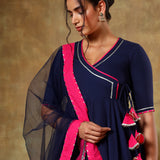 Navy Blue Wrap Anarkali Set With Pink Bordered Net Dupatta