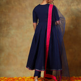Navy Blue Wrap Anarkali Set With Pink Bordered Net Dupatta