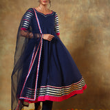 Navy Blue Anarkali Set With Silver Striped Sleeves And Pink Border