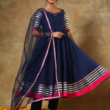 Navy Blue Anarkali Set With Silver Striped Sleeves And Pink Border