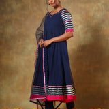 Navy Blue Anarkali Set With Silver Striped Sleeves And Pink Border