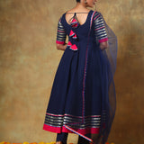 Navy Blue Anarkali Set With Silver Striped Sleeves And Pink Border