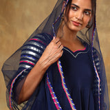Navy Blue Anarkali Set With Silver Striped Sleeves And Pink Border