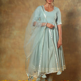 Sage Green Anarkali Set With Silver Gold Border And Net Dupatta