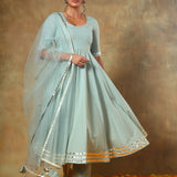 Sage Green Anarkali Set With Silver Gold Border And Net Dupatta