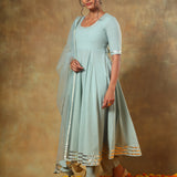 Sage Green Anarkali Set With Silver Gold Border And Net Dupatta