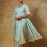 Sage Green Anarkali Set With Silver Gold Border And Net Dupatta
