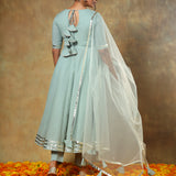 Sage Green Anarkali Set With Silver Gold Border And Net Dupatta