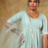 Sage Green Anarkali Set With Silver Gold Border And Net Dupatta