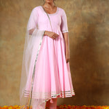 Baby Pink Anarkali Set With Gold Striped Border And Net Dupatta