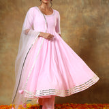Baby Pink Anarkali Set With Gold Striped Border And Net Dupatta