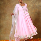 Baby Pink Anarkali Set With Gold Striped Border And Net Dupatta