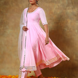 Baby Pink Anarkali Set With Gold Striped Border And Net Dupatta
