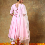 Baby Pink Anarkali Set With Gold Striped Border And Net Dupatta