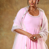Baby Pink Anarkali Set With Gold Striped Border And Net Dupatta
