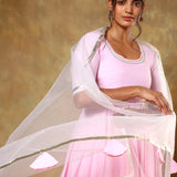 Baby Pink Anarkali Set With Gold Striped Border And Net Dupatta