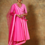 Bright Pink Angrakha Anarkali Set With Sheer Net Dupatta