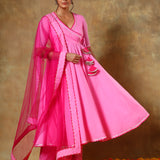 Bright Pink Angrakha Anarkali Set With Sheer Net Dupatta