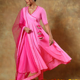 Bright Pink Angrakha Anarkali Set With Sheer Net Dupatta