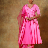 Bright Pink Angrakha Anarkali Set With Sheer Net Dupatta