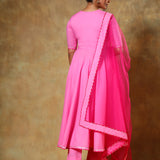 Bright Pink Angrakha Anarkali Set With Sheer Net Dupatta